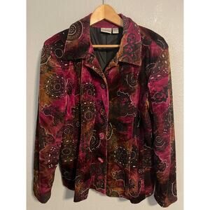 Chicos Jacket Womens 3 US XL Burgundy Multi Velvet Paisley Rhinestone Boho Lined